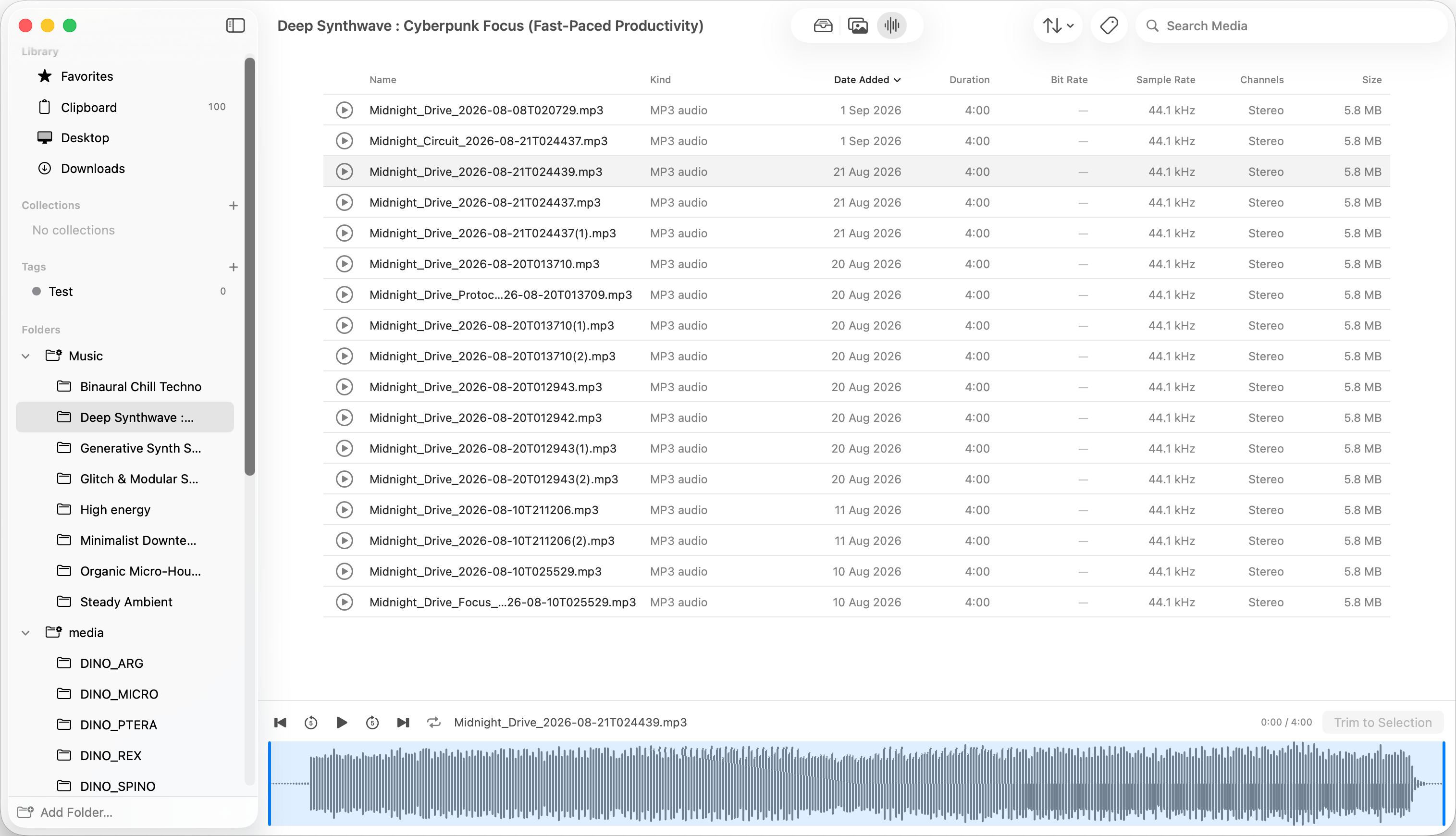 Flicksy showing an audio library with file details, playback controls, and a waveform